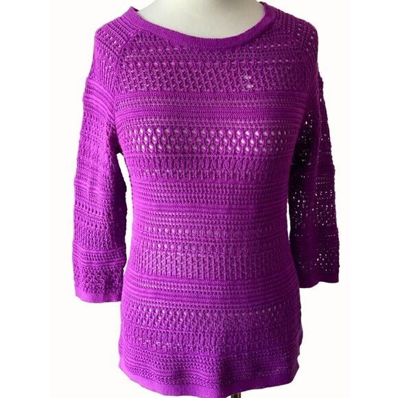 Ann Taylor Loft Petite purple quarter sleeve open knit lightweight sweater PM - Picture 1 of 8